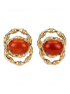 Vintage Estate Solid 14k Yellow Gold Orange Coral Bamboo Earrings! Price firm.